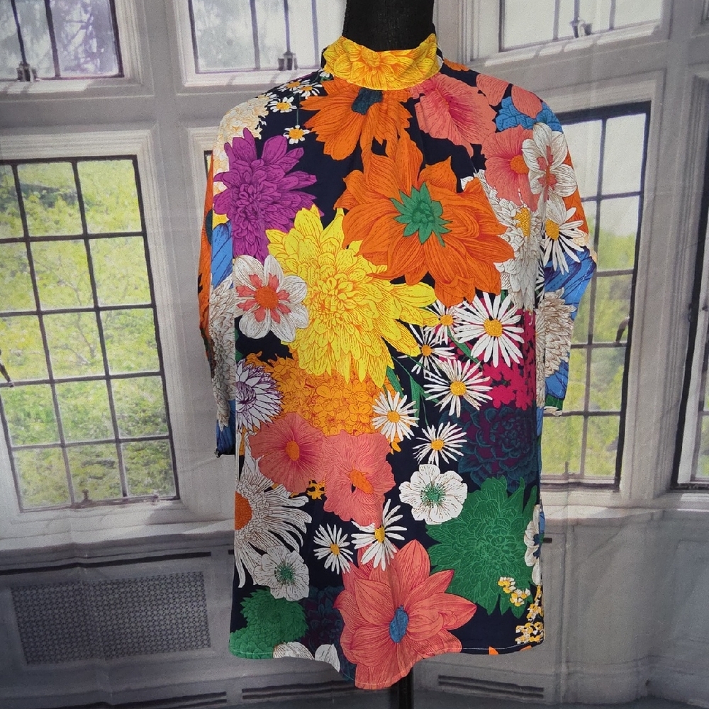 SHEIN Navy Floral Mock Neck Short-Sleeve Top with Orange, Yellow, Pink & Green